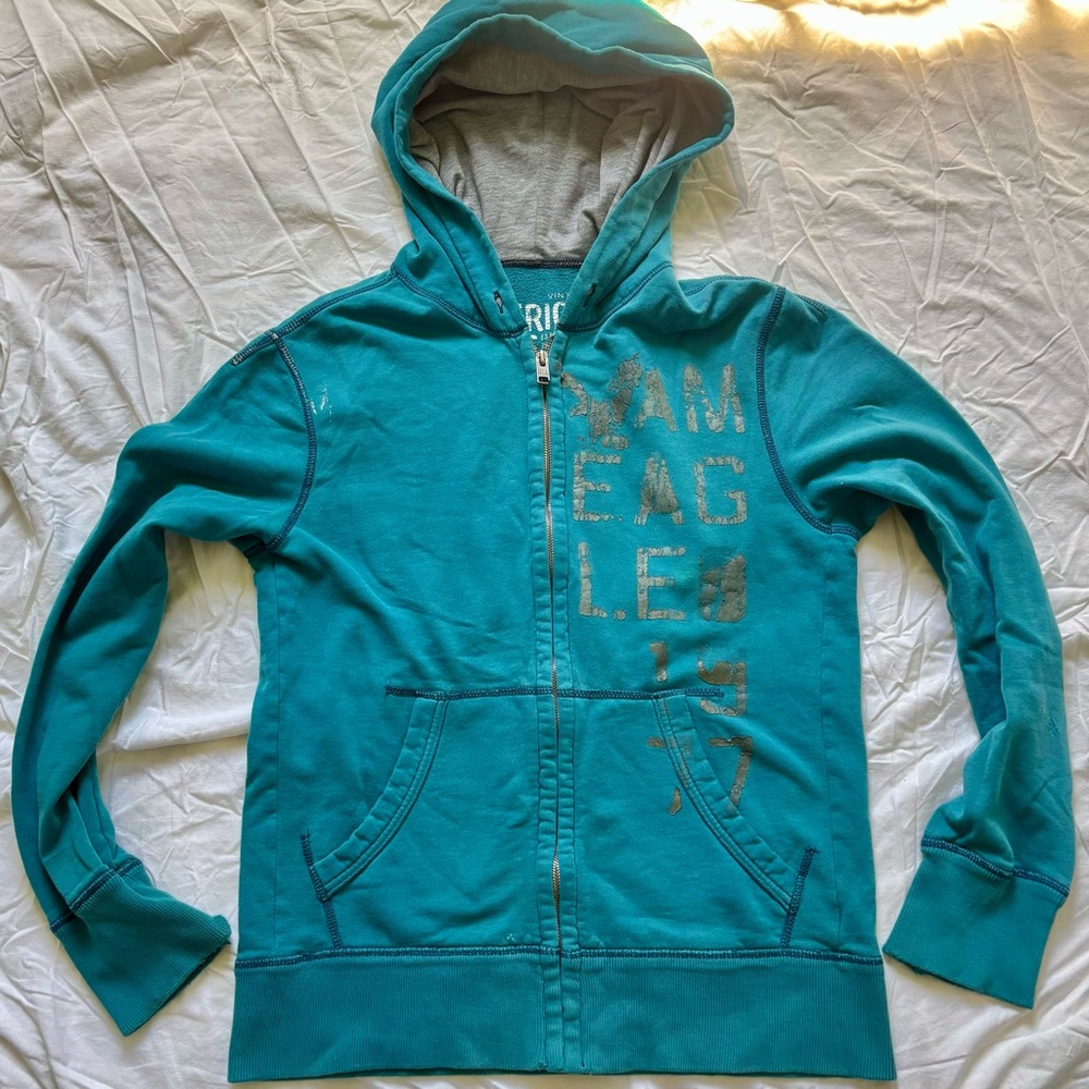 Vintage Fit Teal Graphic Zip up Hoodie